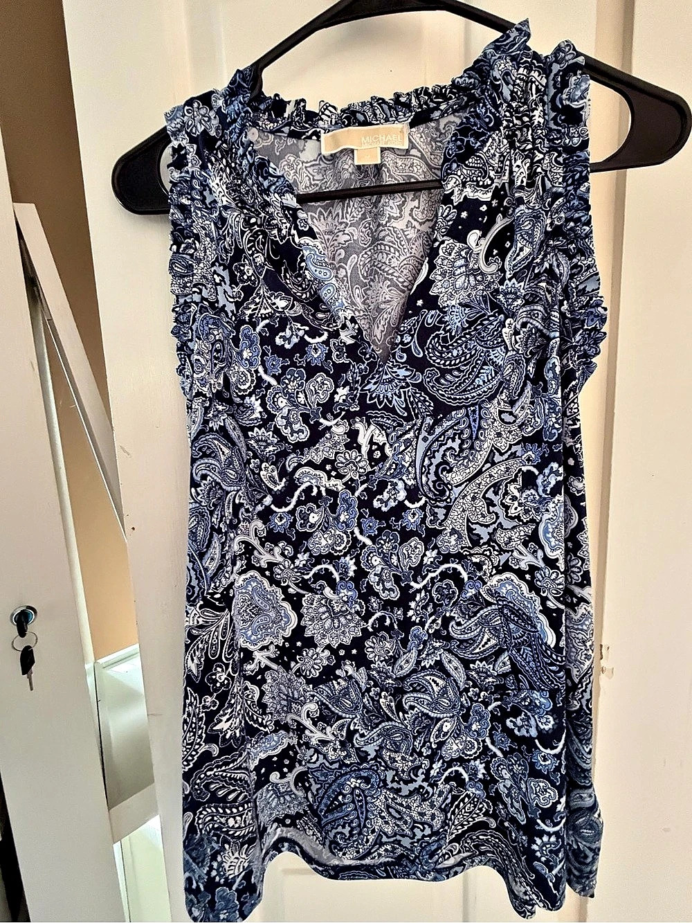 Michael Kors Paisley Ruffle Blouse in Blue & White Size Medium
